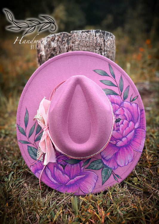 Mauve flat brim painted peonies