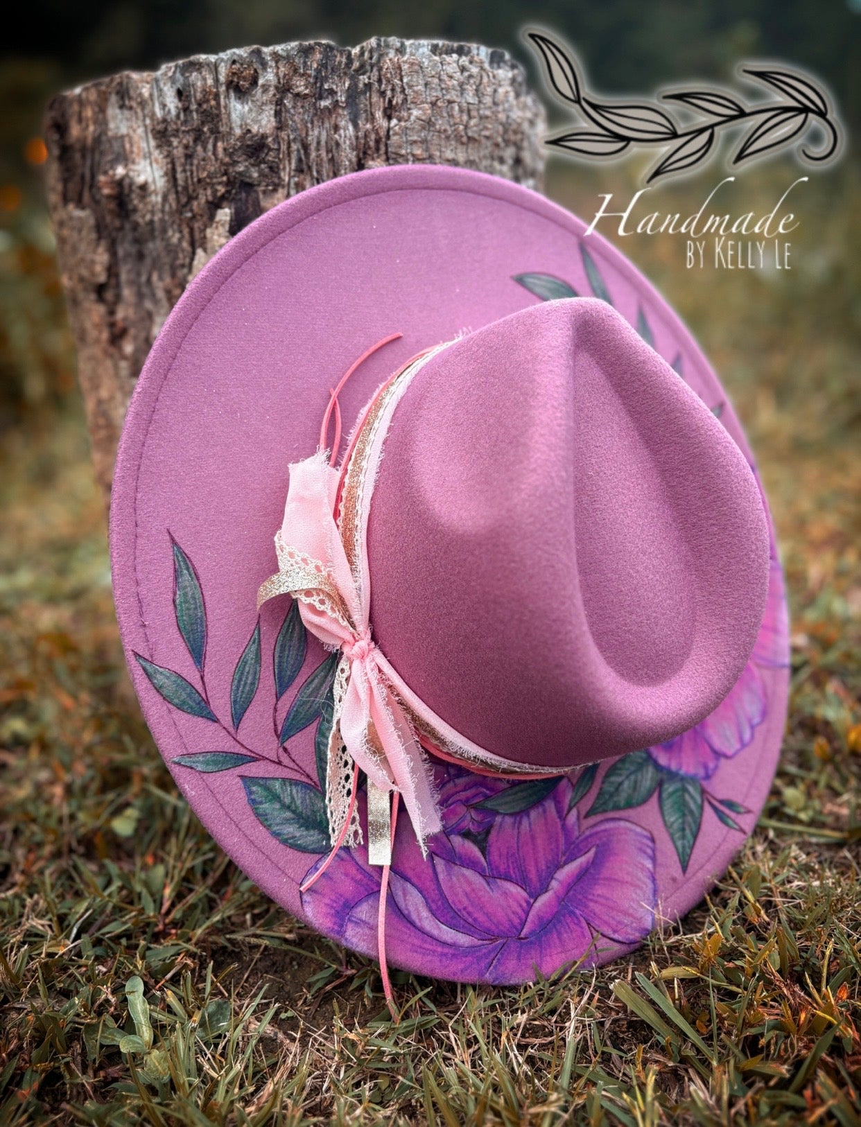 Mauve flat brim painted peonies