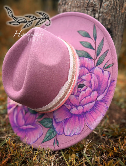 Mauve flat brim painted peonies
